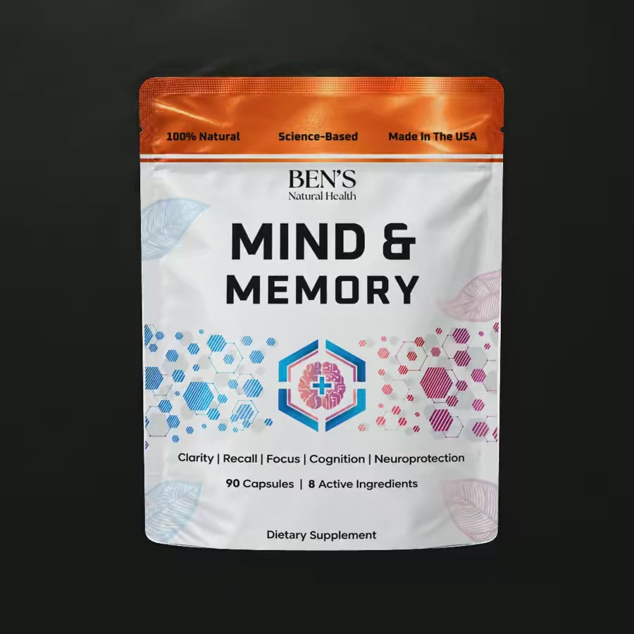 Mind & Memory supplement pouch on rippling dark water