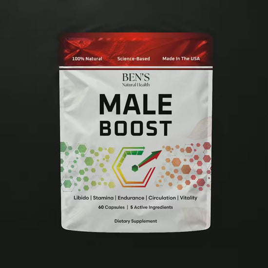 Male Boost supplement pouch on rippling dark water