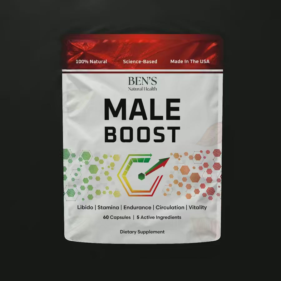 Male Boost supplement pouch on rippling dark water